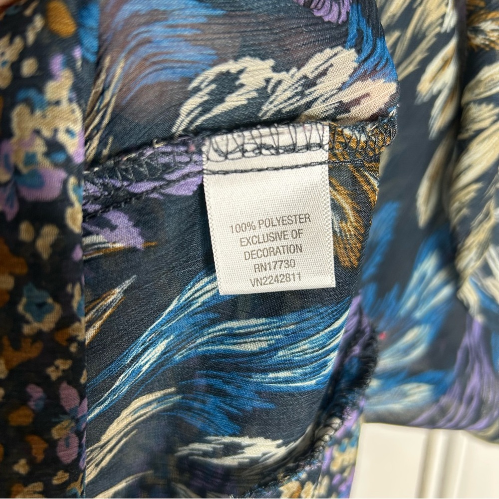 Xhilaration Sheer Blue Floral Boho Peasant Blouse Top Mini Pom Pom Trim Medium - Picture 8 of 9